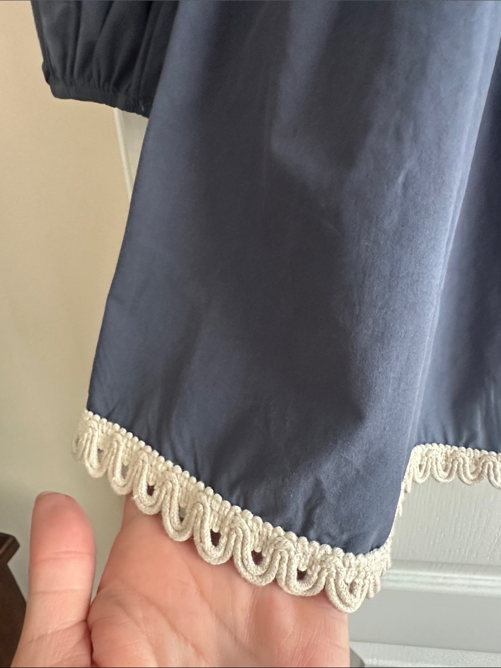 Smocked Waist Navy Long-Sleeve Dress with Lace Trim - Picture 4 of 7